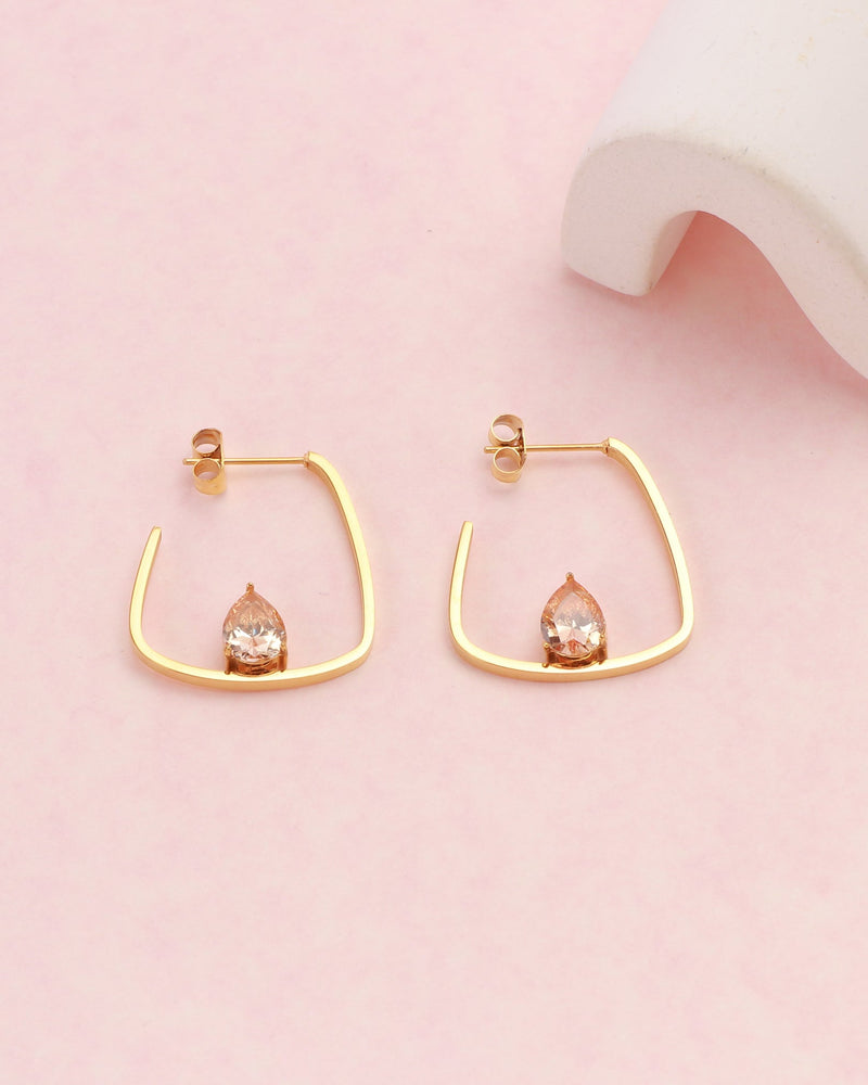 Champagne Teardrop Zirconia Gold Block Hoop Earrings