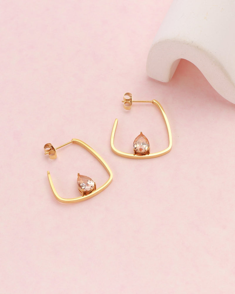 Champagne Teardrop Zirconia Gold Block Hoop Earrings