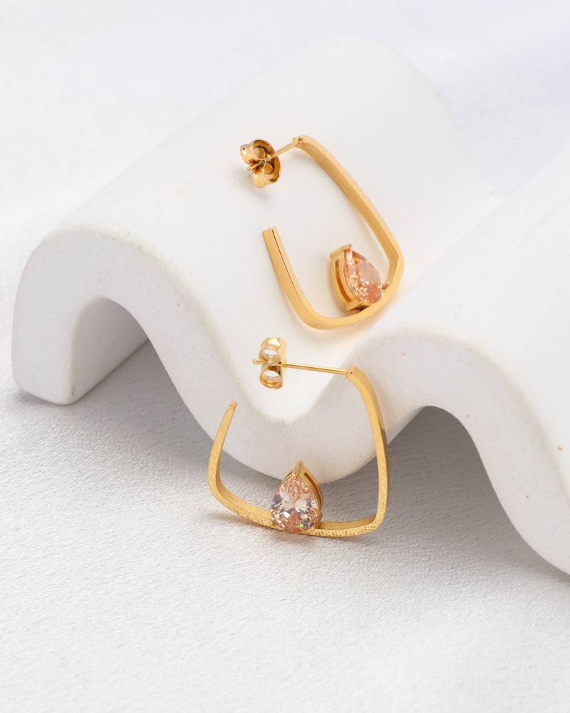 Champagne Teardrop Zirconia Gold Block Hoop Earrings