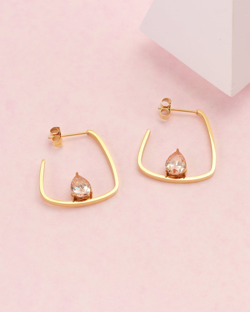 Champagne Teardrop Zirconia Gold Block Hoop Earrings