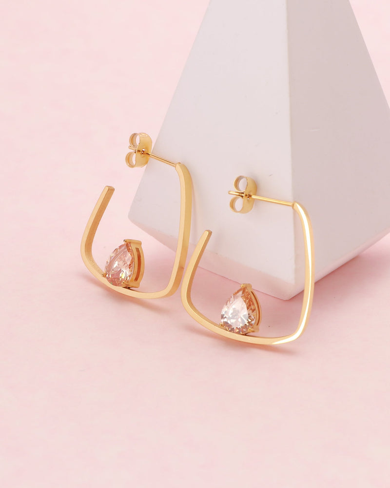 Champagne Teardrop Zirconia Gold Block Hoop Earrings