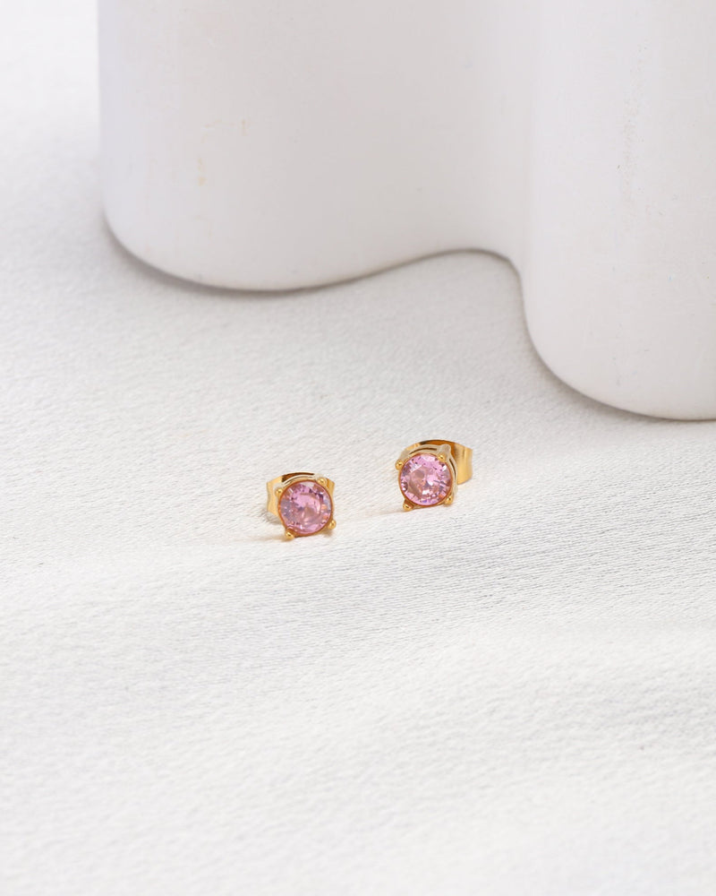 Pink 5mm Zirconia Gold Stud Earrings