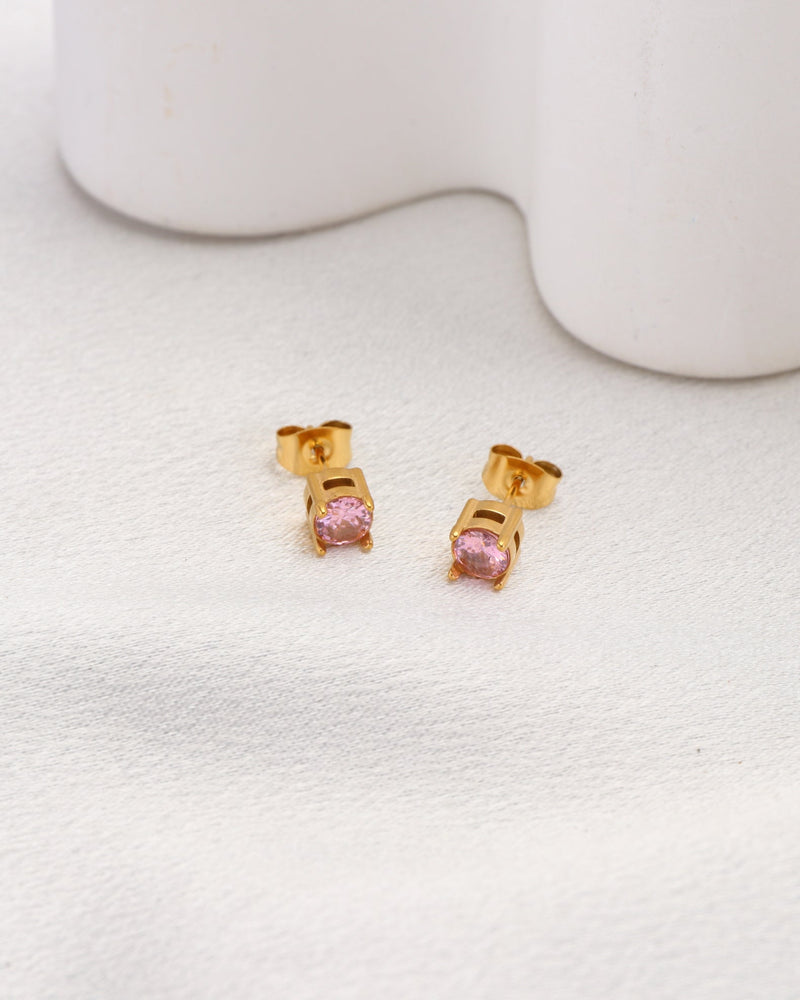 Pink 5mm Zirconia Gold Stud Earrings